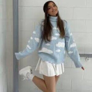Adika | Light Blue Cloud Print Distressed Turtleneck Sweater Size XS/S